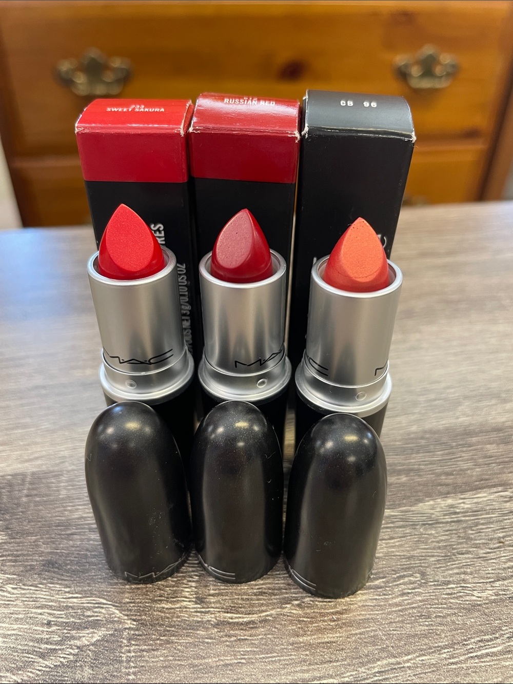 MAC Cosmetics Lipstick Set — Bright Red, Classic Cherry, Coral Orange